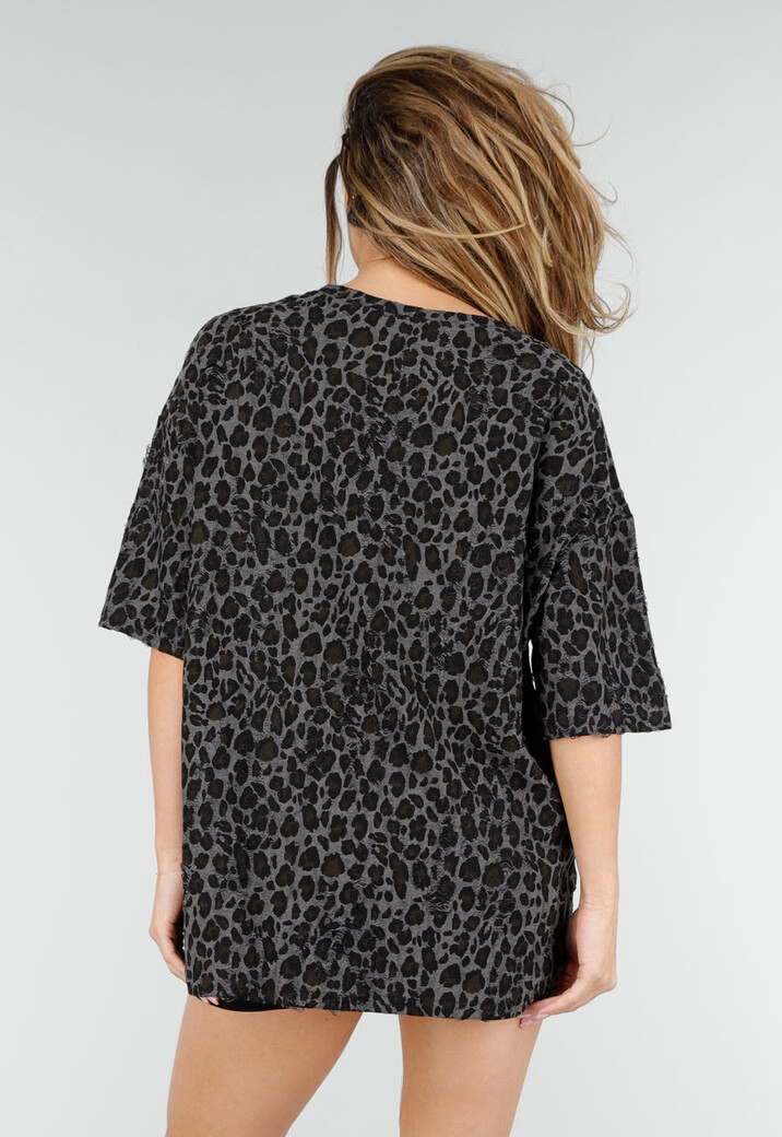 Zwart Grijs Oversized Cheetahprint T-shirt met Korte Mouwen