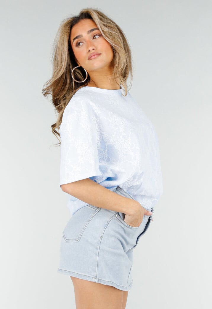 Lichtblauw Kanten T-shirt met Korte Mouwen en Ronde Hals