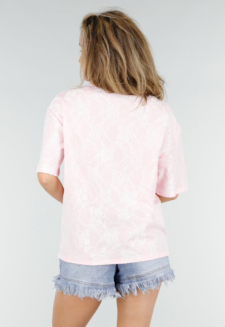 Lichtroze Kanten T-shirt met Korte Mouwen en Ronde Hals