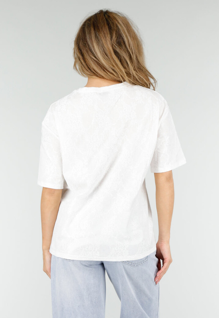Wit Kanten T-shirt met Korte Mouwen en Ronde Hals