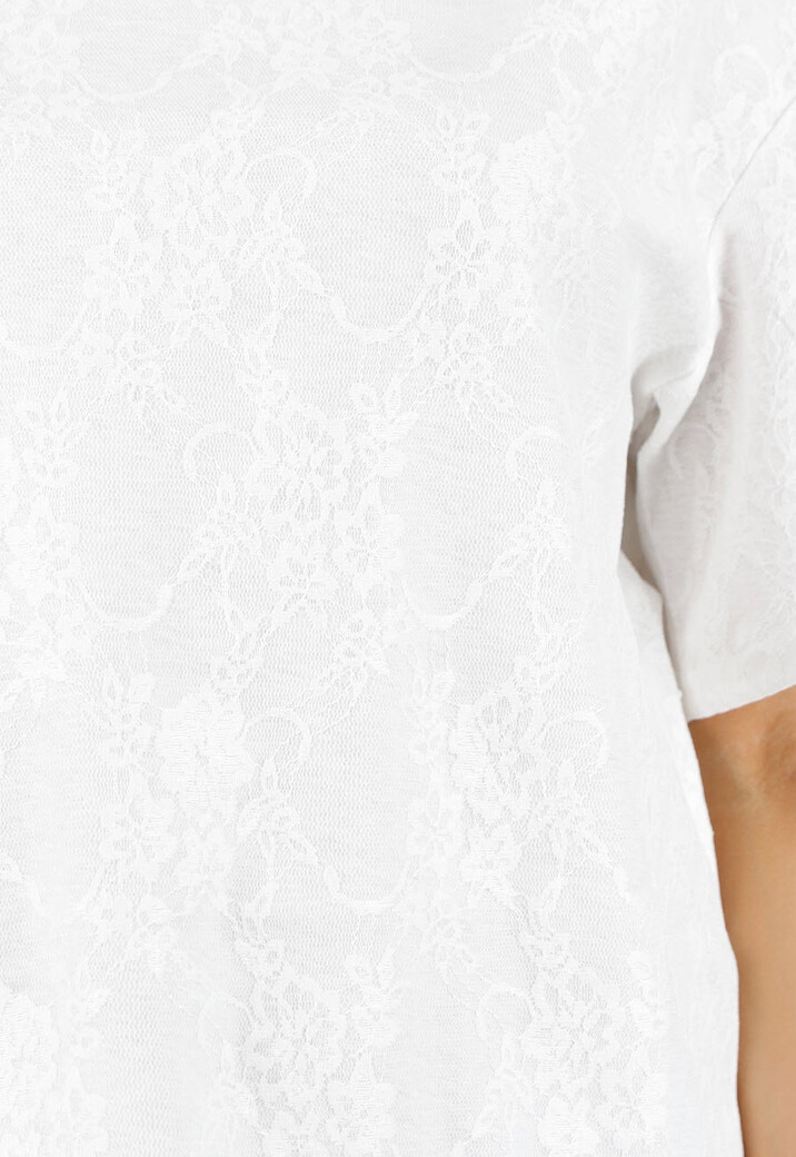 Wit Kanten T-shirt met Korte Mouwen en Ronde Hals