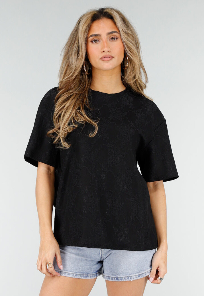 Zwart Kanten T-shirt met Korte Mouwen en Ronde Hals