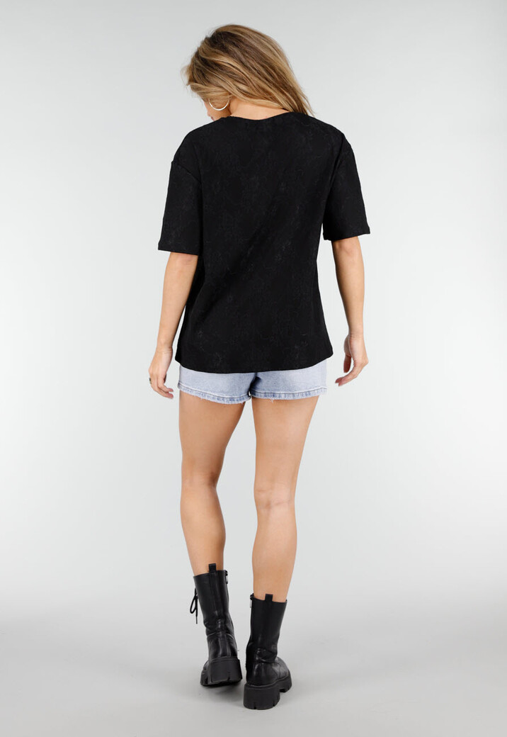 Zwart Kanten T-shirt met Korte Mouwen en Ronde Hals