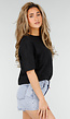Zwart Kanten T-shirt met Korte Mouwen en Ronde Hals