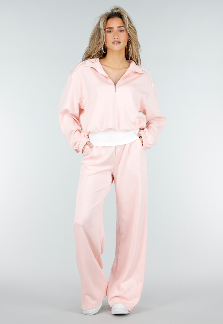 Lichtroze Sweater met Halve Rits en Elastische Boorden