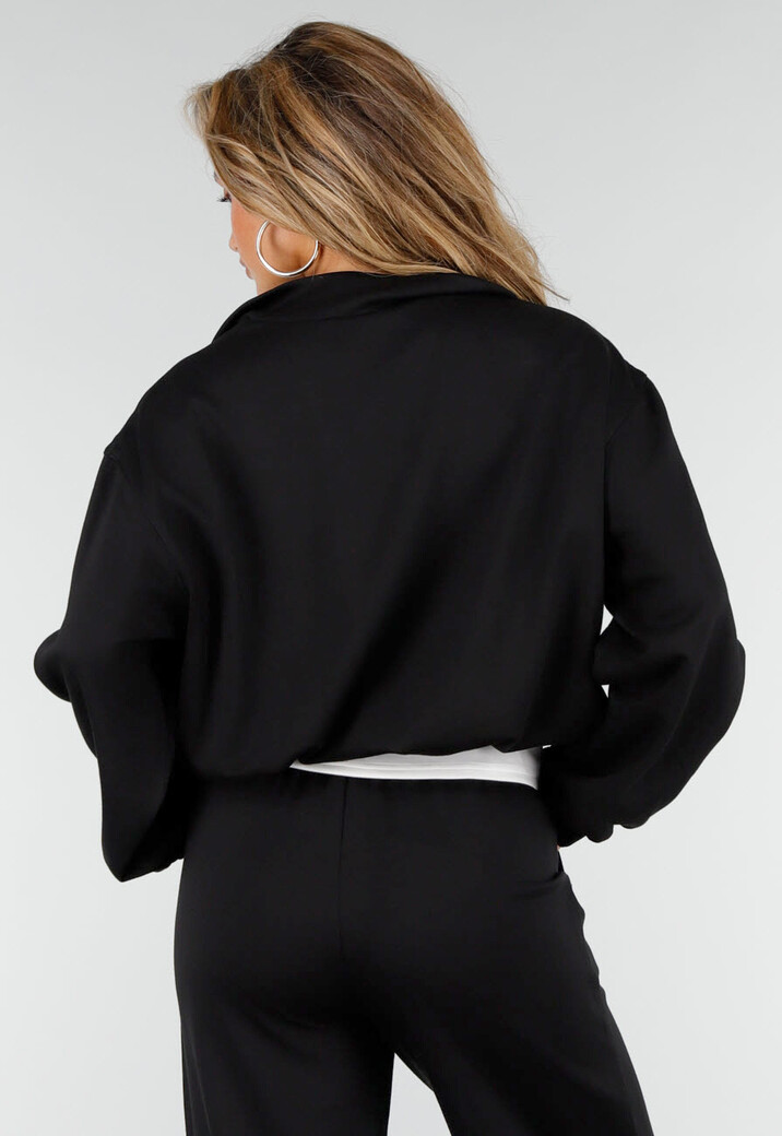 Zwarte Sweater met Halve Rits en Elastische Boorden
