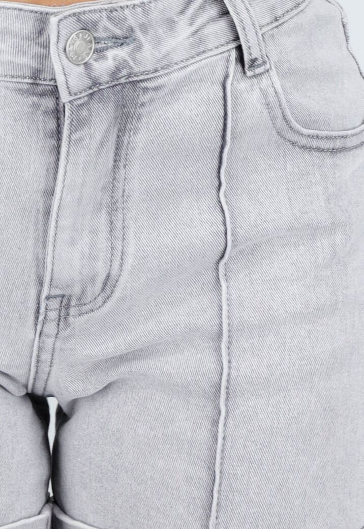 Grijze Denim Shorts met Omgeslagen Zoom en High Waist
