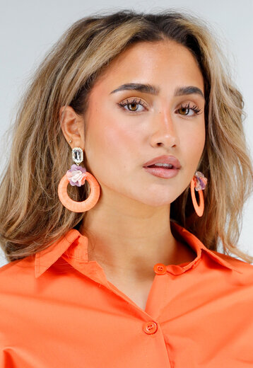 Oranje Ronde Oorbellen met Bloem en Steen