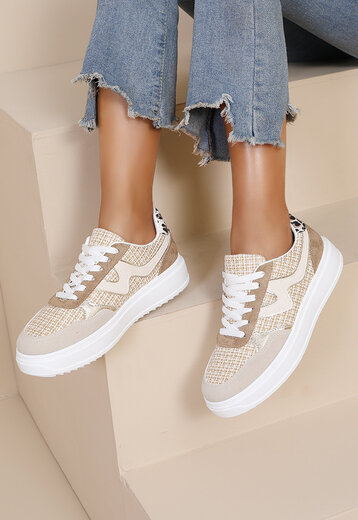 Beige Sneakers met Veters en Plateau Zool