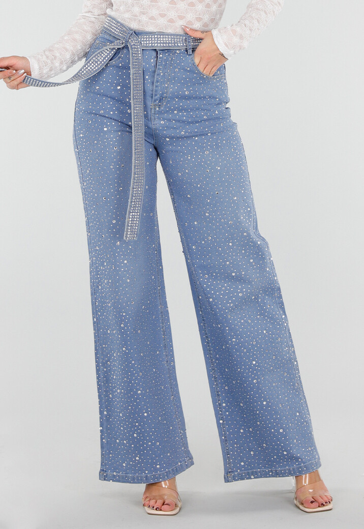 Blauwe High Waist Wide Leg Jeans met Strass en Ceintuur