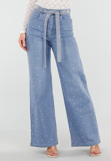 Blauwe Wide Leg Jeans met strass