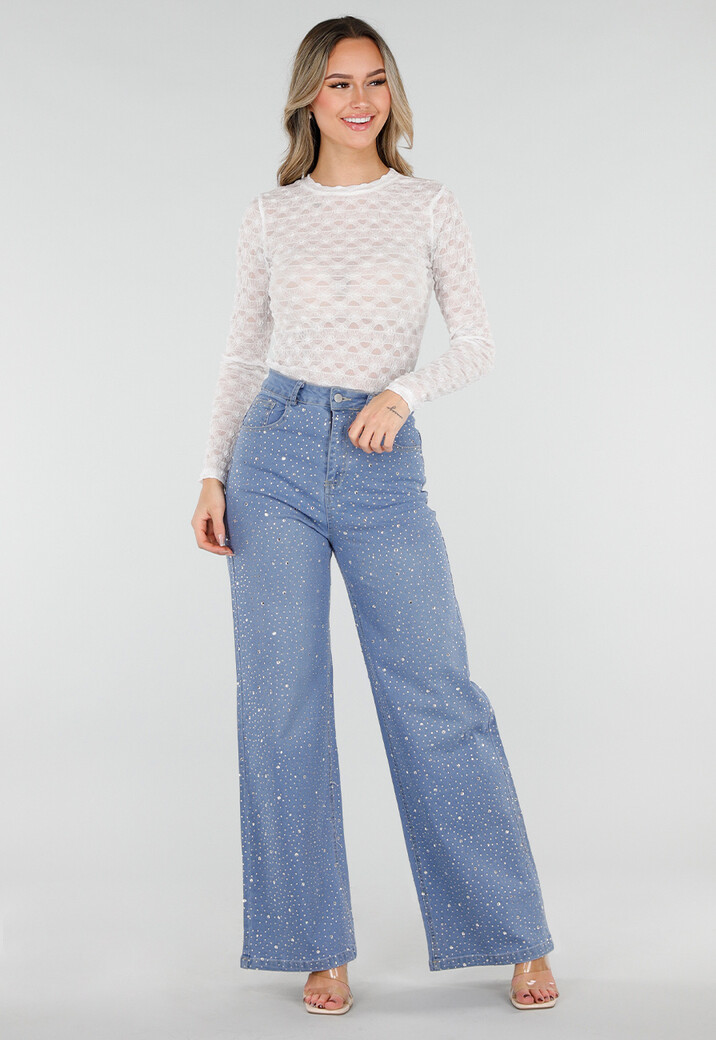 Blauwe High Waist Wide Leg Jeans met Strass en Ceintuur