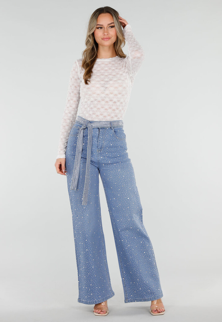 Blauwe High Waist Wide Leg Jeans met Strass en Ceintuur