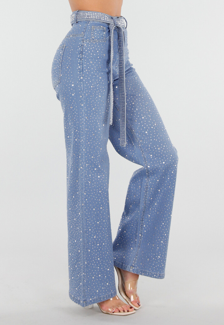 Blauwe High Waist Wide Leg Jeans met Strass en Ceintuur