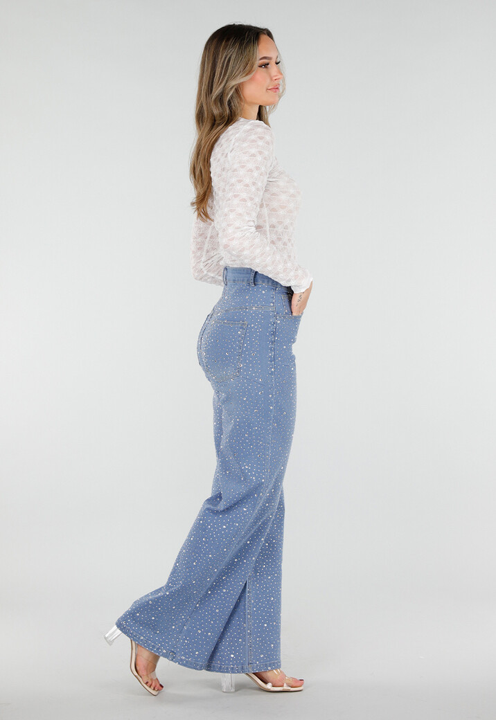 Blauwe High Waist Wide Leg Jeans met Strass en Ceintuur