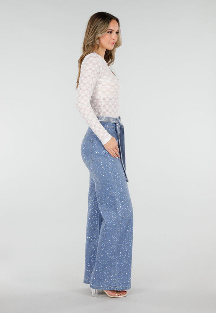 Blauwe High Waist Wide Leg Jeans met Strass en Ceintuur