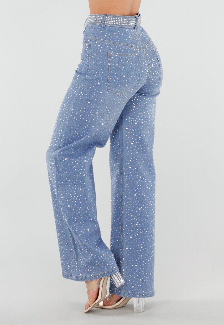 Blauwe High Waist Wide Leg Jeans met Strass en Ceintuur