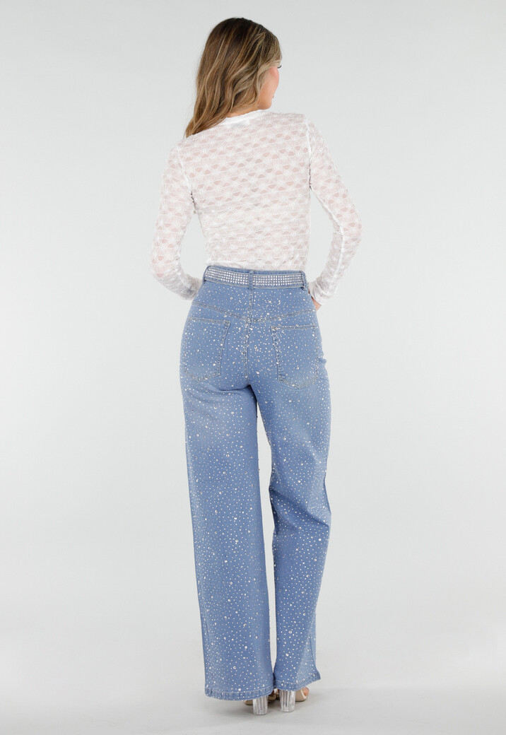 Blauwe High Waist Wide Leg Jeans met Strass en Ceintuur