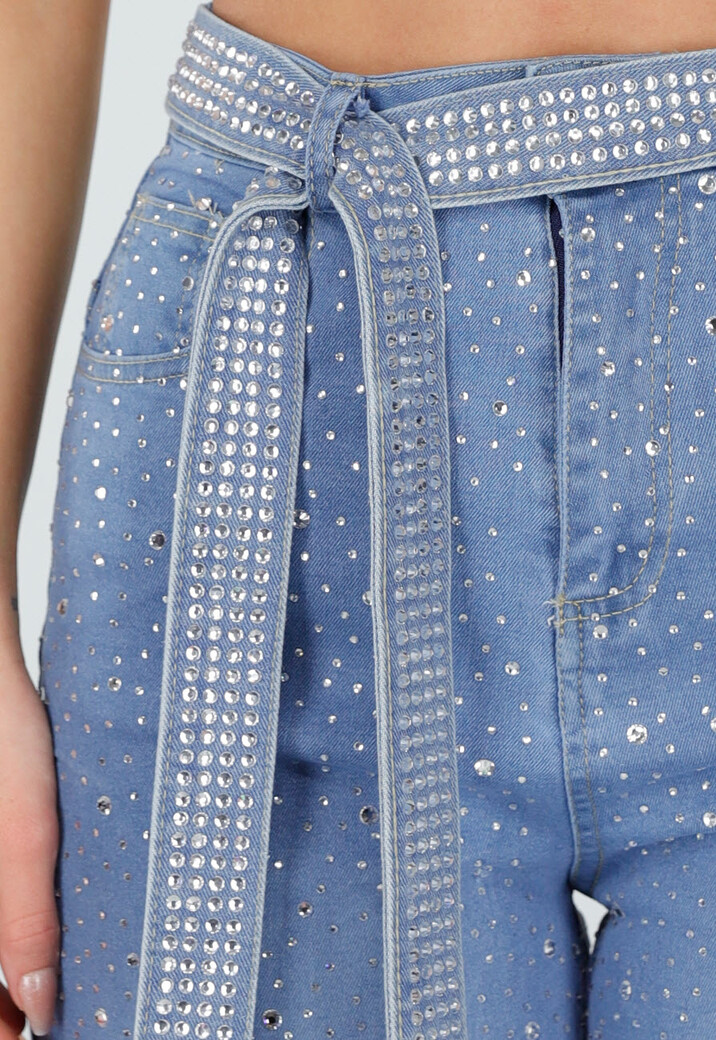 Blauwe High Waist Wide Leg Jeans met Strass en Ceintuur