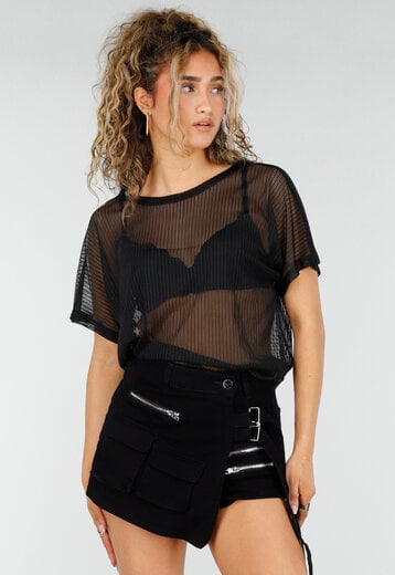 Zwarte Mesh Top met Korte Mouwen