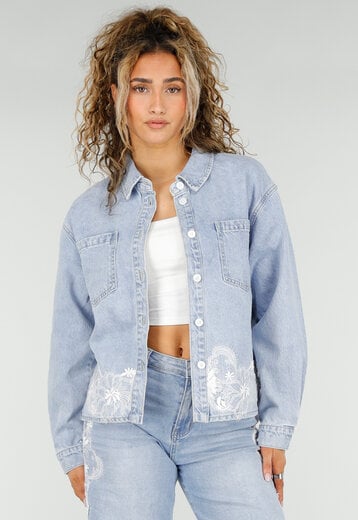 Lichtblauwe Denim Blouse met Kant