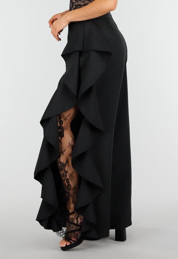 Zwarte Wide Leg Broek met Ruffle en Kant