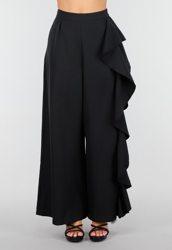 Zwarte Wide Leg Broek met Ruffle Detail en Kant Split