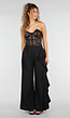 Zwarte Wide Leg Broek met Ruffle Detail en Kant Split