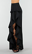Zwarte Wide Leg Broek met Ruffle Detail en Kant Split