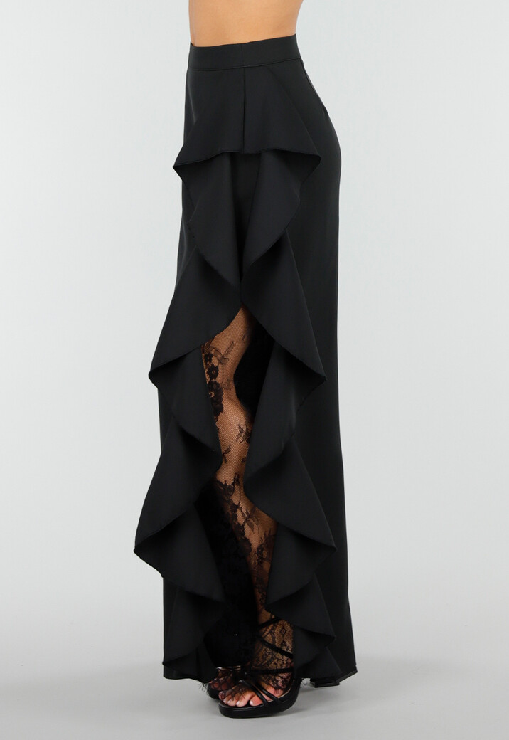 Zwarte Wide Leg Broek met Ruffle Detail en Kant Split