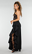Zwarte Wide Leg Broek met Ruffle Detail en Kant Split