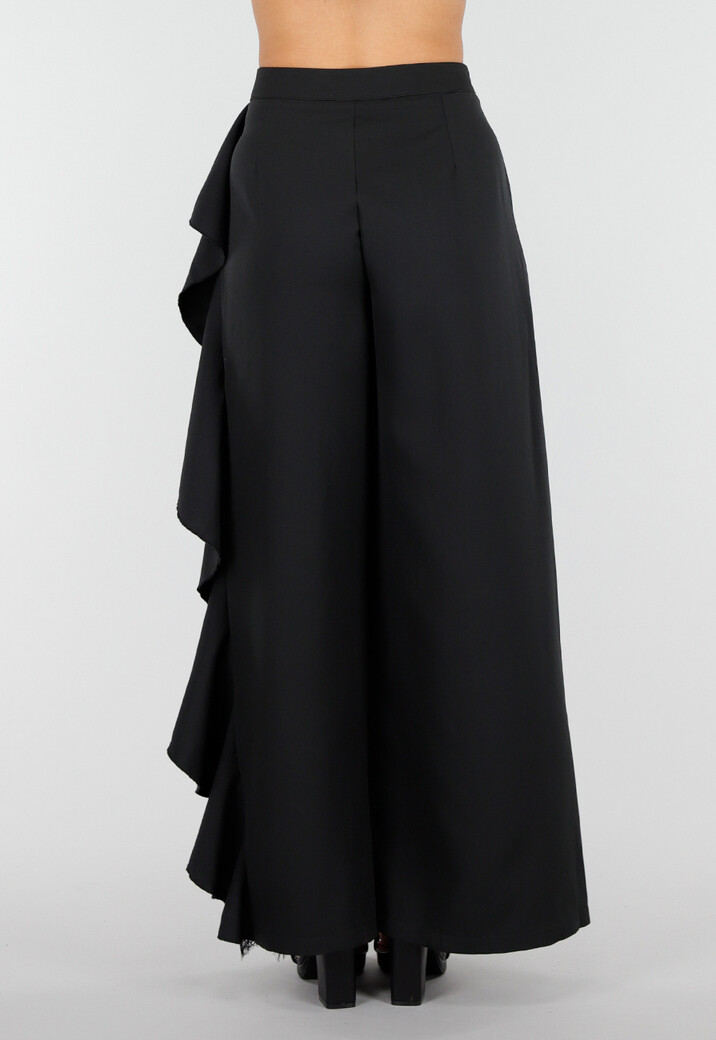 Zwarte Wide Leg Broek met Ruffle Detail en Kant Split