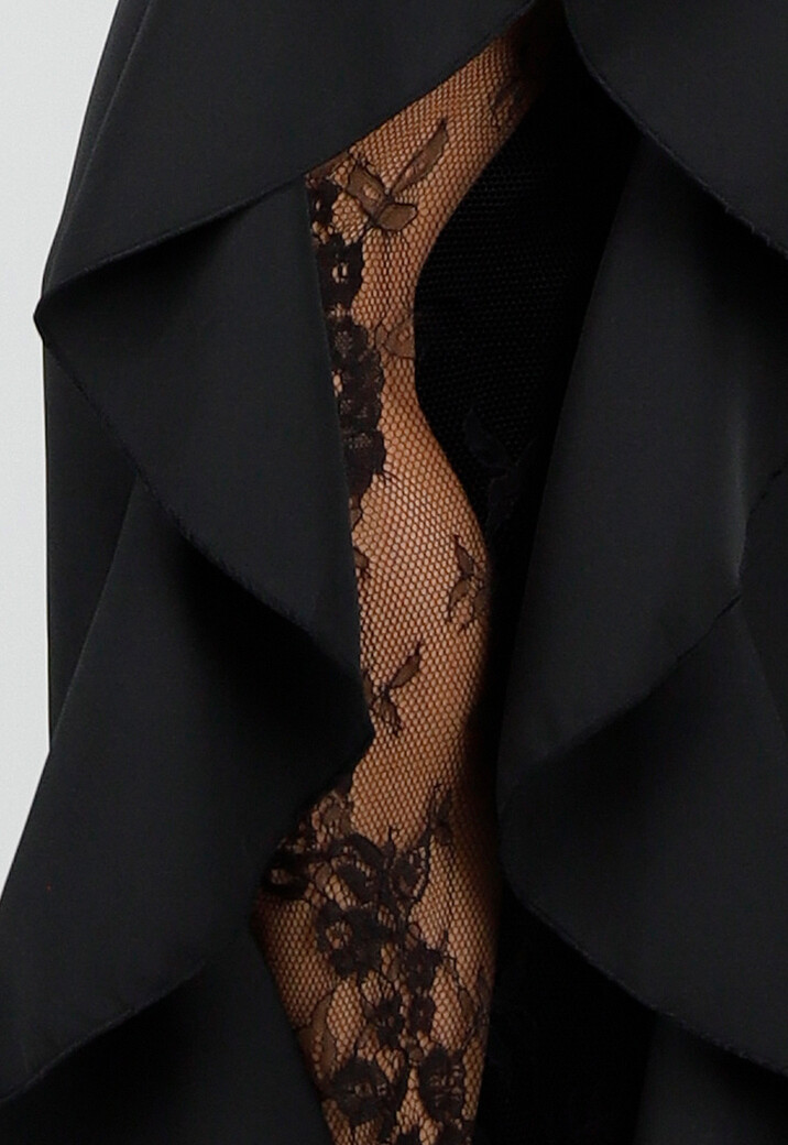 Zwarte Wide Leg Broek met Ruffle Detail en Kant Split