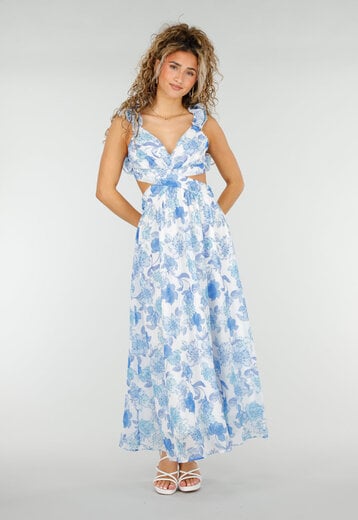 Witte Maxi Jurk met Blauwe Bloemenprint