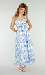 Witte Maxi Jurk met Blauwe Bloemenprint en Ruches