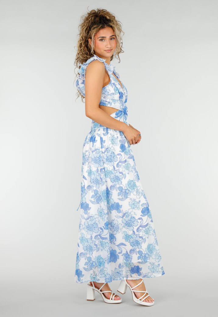 Witte Maxi Jurk met Blauwe Bloemenprint en Ruches