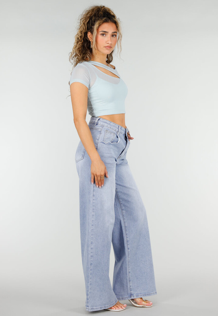 Lichtblauwe Denim Wide Leg Jeans met Hoge Taille
