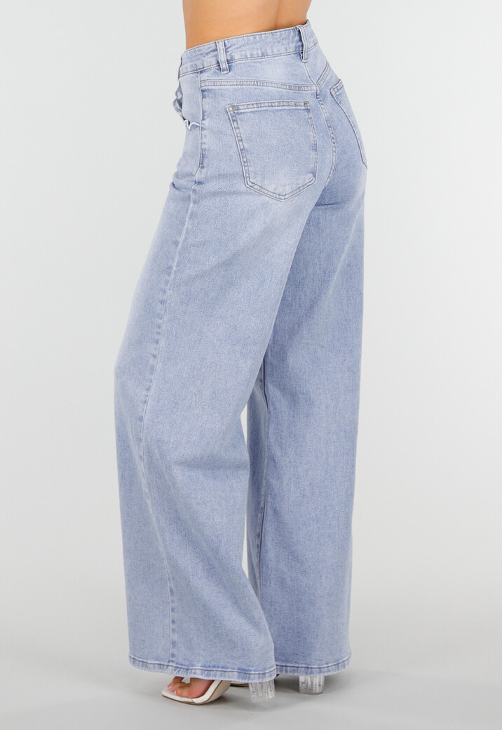 Lichtblauwe Denim Wide Leg Jeans met Hoge Taille
