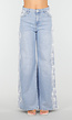 Lichtblauwe Denim Wide Leg Jeans met Kantdetail en Hoge Taille
