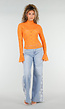 Lichtblauwe Denim Wide Leg Jeans met Kantdetail en Hoge Taille