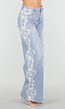 Lichtblauwe Denim Wide Leg Jeans met Kantdetail en Hoge Taille