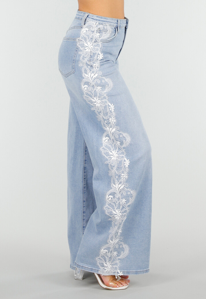 Lichtblauwe Denim Wide Leg Jeans met Kantdetail en Hoge Taille