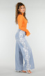 Lichtblauwe Denim Wide Leg Jeans met Kantdetail en Hoge Taille
