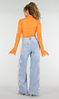 Lichtblauwe Denim Wide Leg Jeans met Kantdetail en Hoge Taille