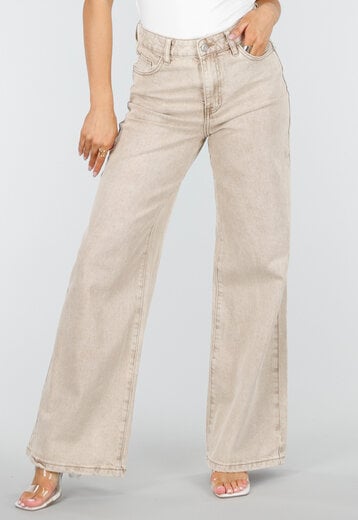 Beige Wide Leg Jeans met High Waist
