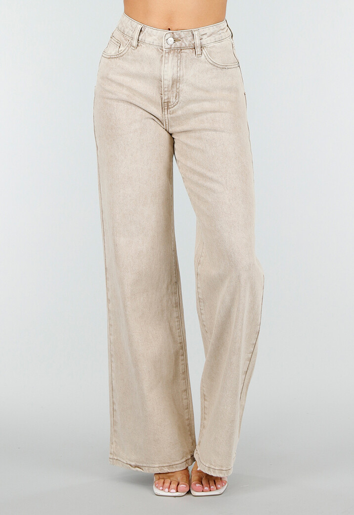 Beige Denim High Waist Wide Leg Jeans met Gewassen Look