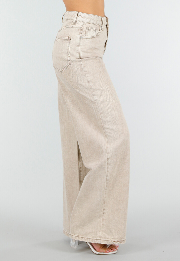 Beige Denim High Waist Wide Leg Jeans met Gewassen Look