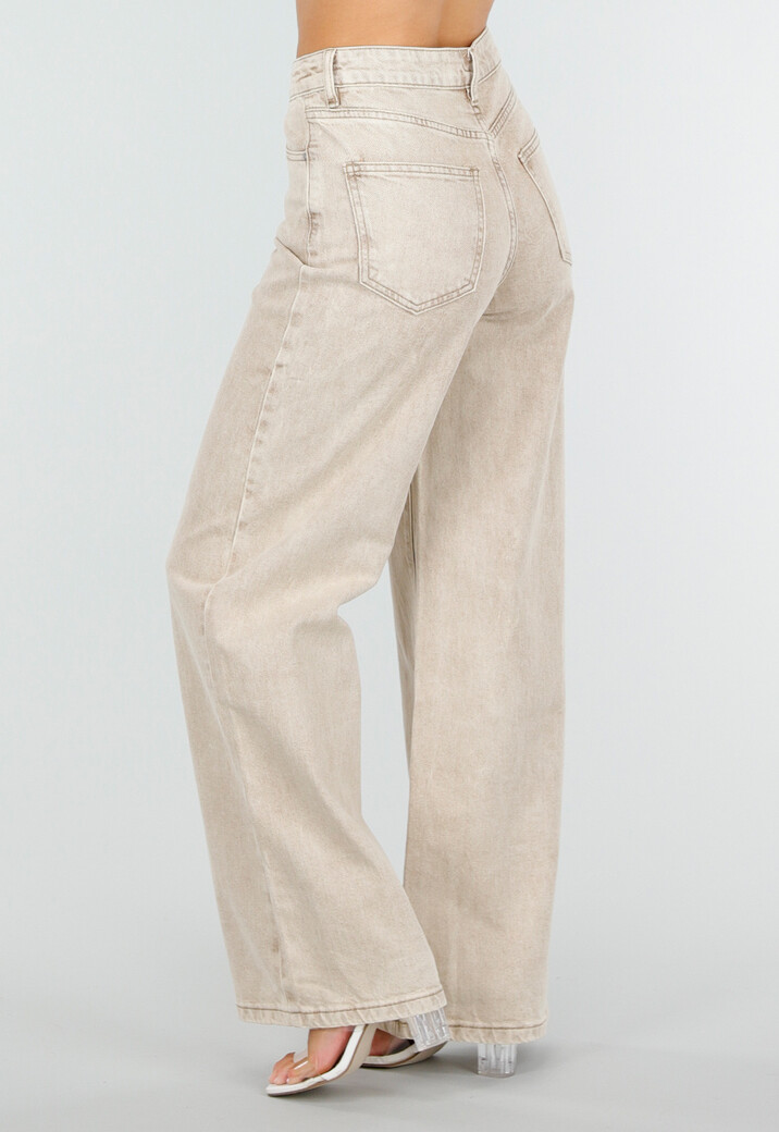 Beige Denim High Waist Wide Leg Jeans met Gewassen Look