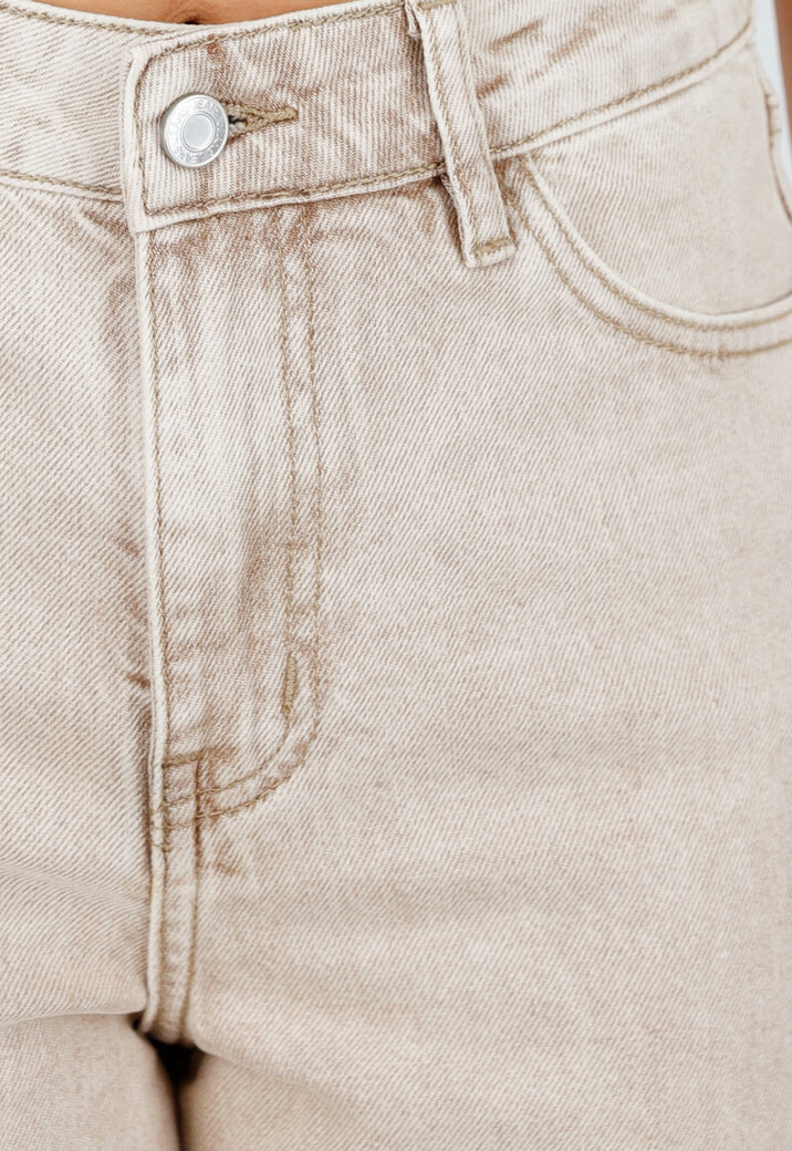 Beige Denim High Waist Wide Leg Jeans met Gewassen Look