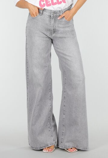 Grijze Wide Leg Jeans met Hoge Taille
